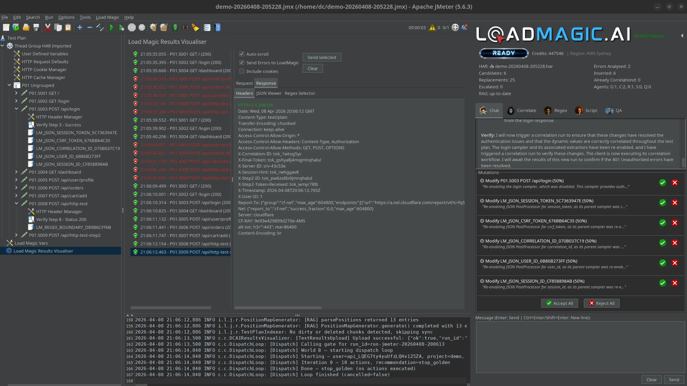 George's modifications in JMeter showing accept and reject controls for each change, keeping the human in control