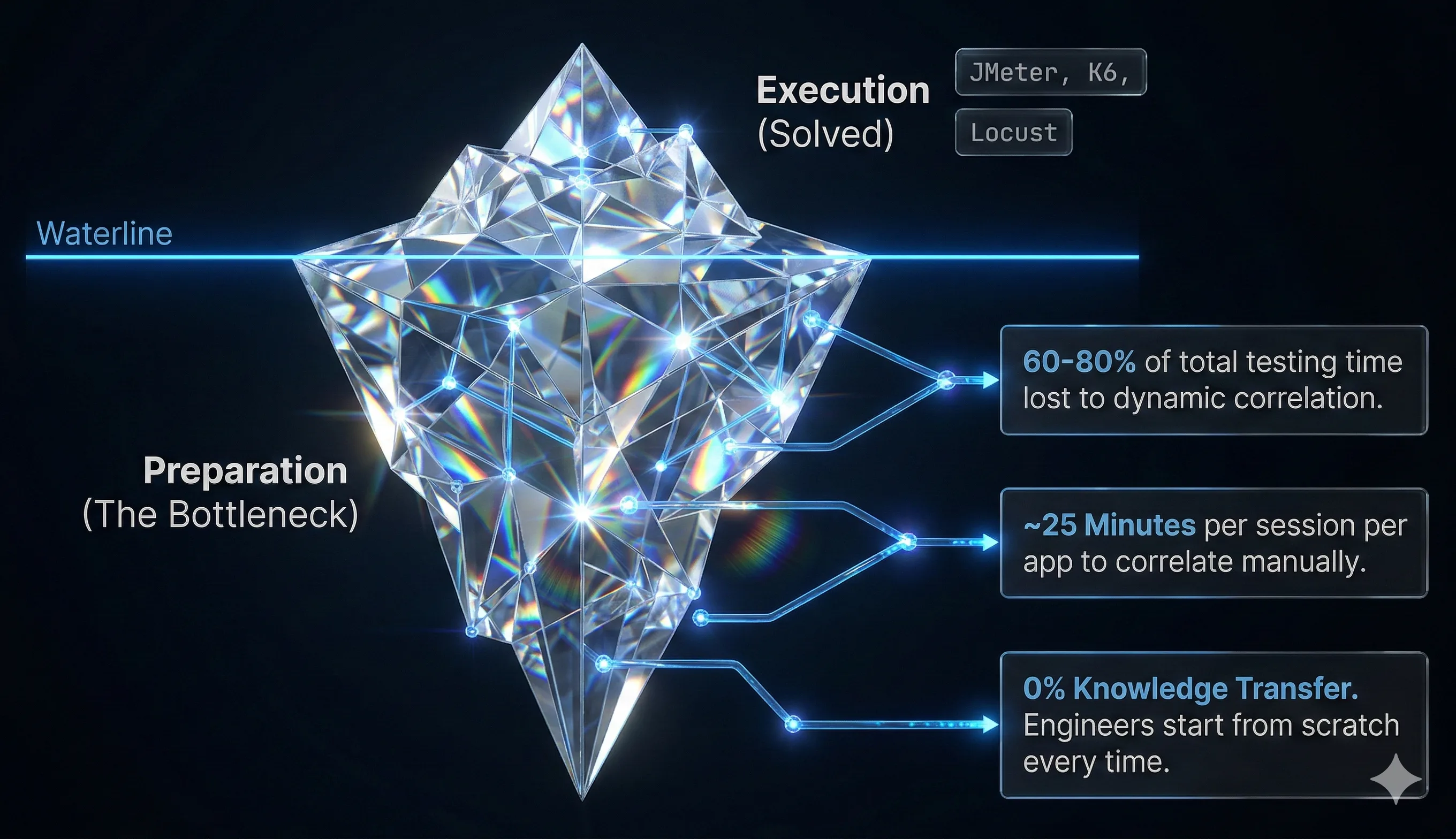 The correlation iceberg — execution is the visible tip, but preparation is the hidden bottleneck consuming 60-80% of testing time
