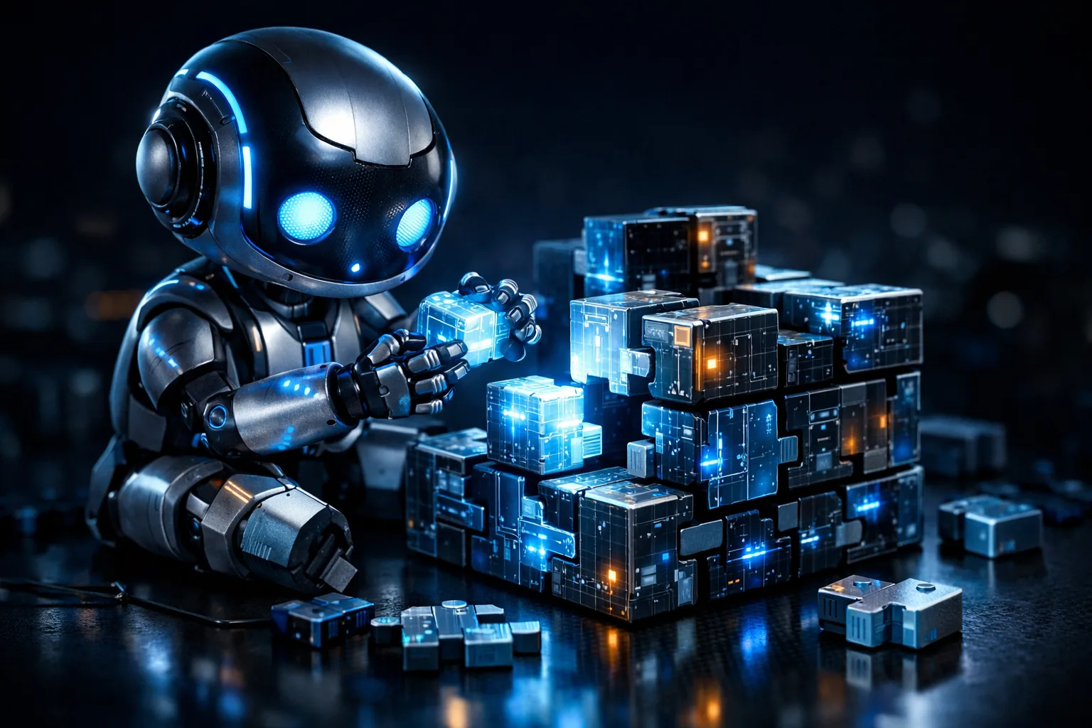 A robot methodically assembling puzzle blocks — algorithmic correlation is systematic but mechanical